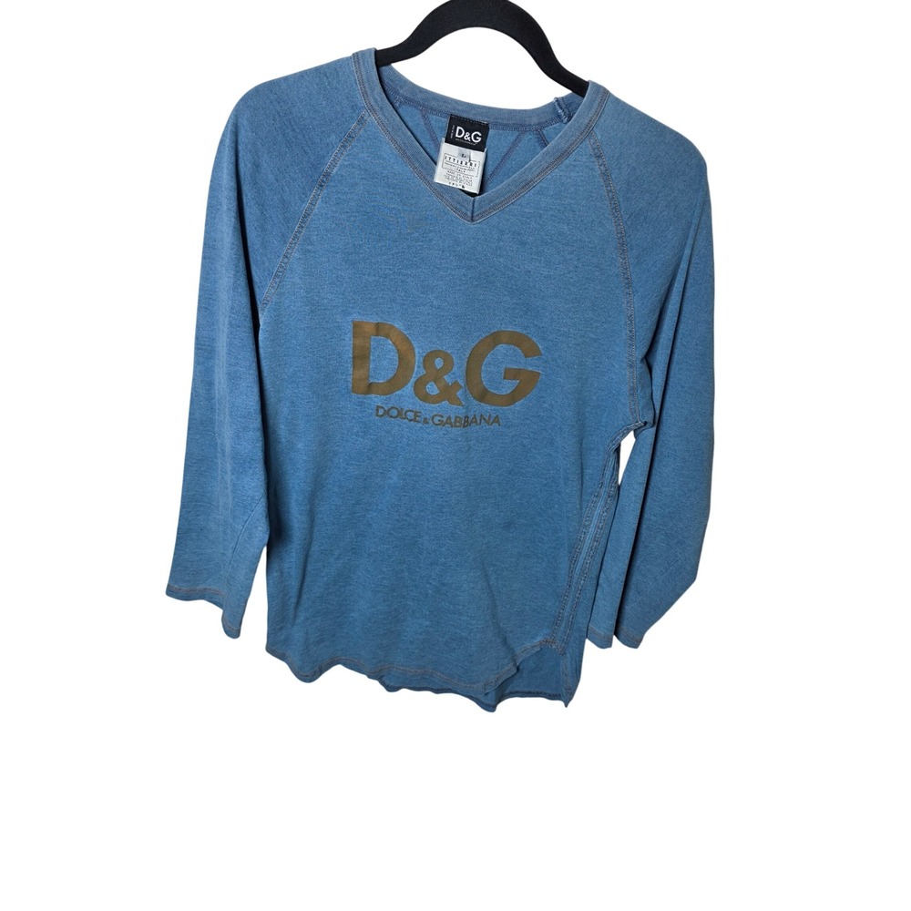 D&G Dolce & Gabbana Vintage Logo Long Sleeve Shirt Blue Gold V-Neck Large Italy
